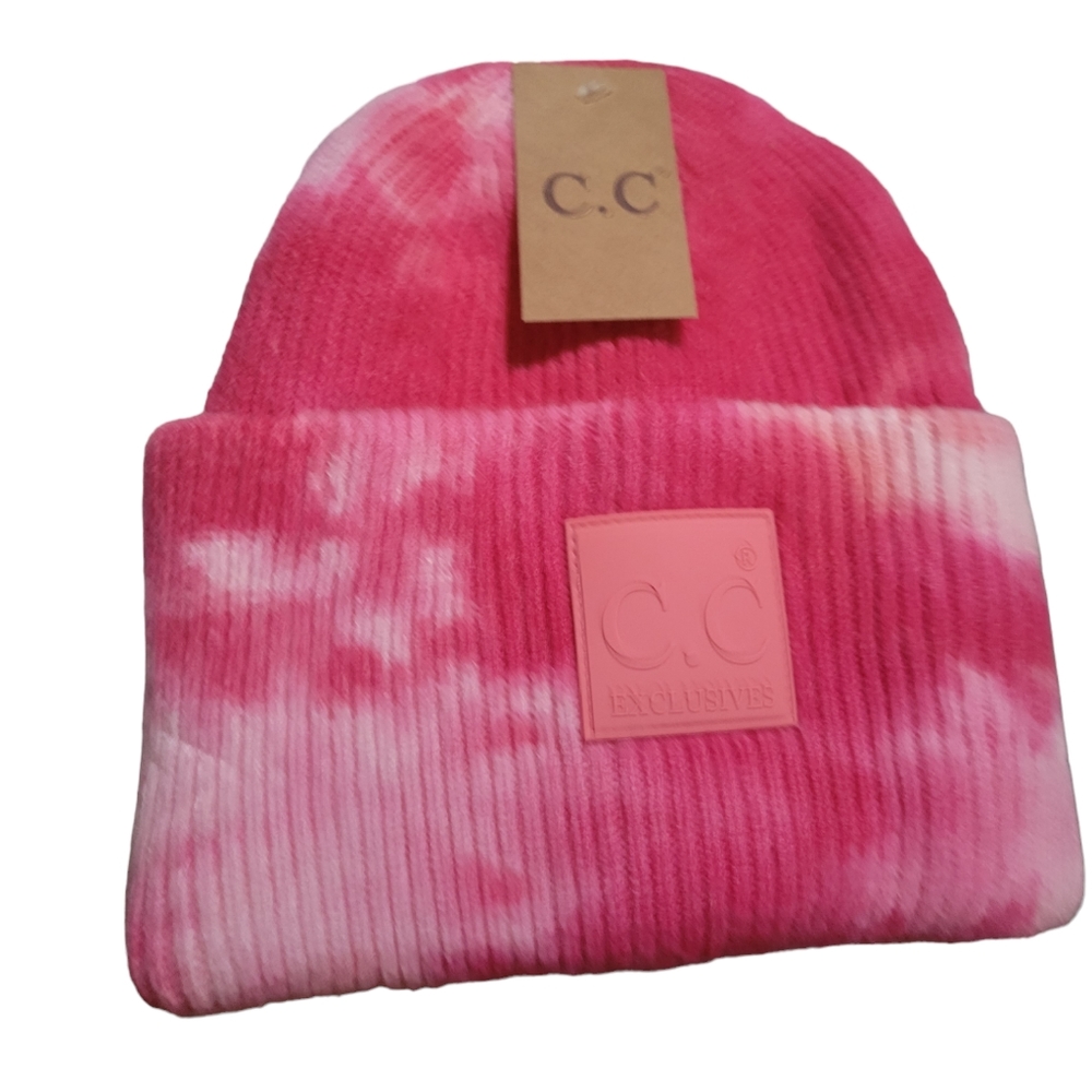 C.C. Beanie Tied Dyed Cuffed. Shades of Pink. Fuchsia/Pink